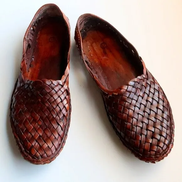 Handmade Hand-crafted Brown Woven Leather Slip-on Flats Loafers Men's Shoes 8