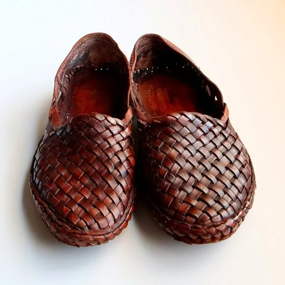 Handmade Hand-crafted Brown Woven Leather Slip-on Flats Loafers Men's Shoes 8