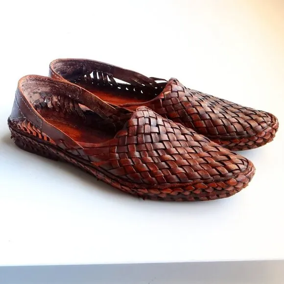 Handmade Hand-crafted Brown Woven Leather Slip-on Flats Loafers Men's Shoes 8