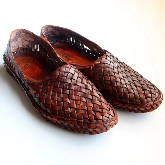 Handmade Hand-crafted Brown Woven Leather Slip-on Flats Loafers Men's Shoes 8