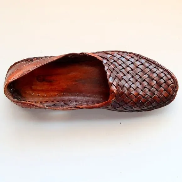 Handmade Hand-crafted Brown Woven Leather Slip-on Flats Loafers Men's Shoes 8