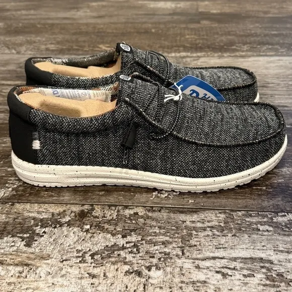 Hey Dude Wally Sox Stitch Wide Lace Up Loafers Shoes Mens 11EE Black White NWT
