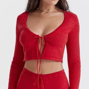 House of CB Perla Cherry Ribbed Knit Tie Front Pointelle Cardigan Red Rose 🤍