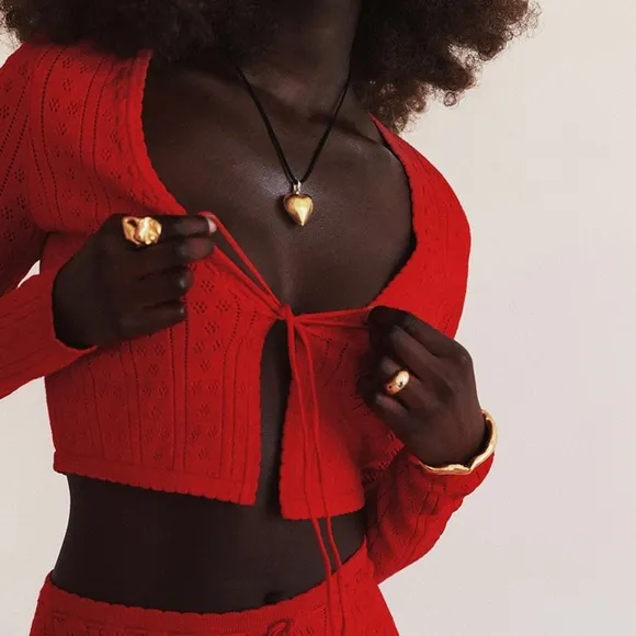 House of CB Perla Cherry Ribbed Knit Tie Front Pointelle Cardigan Red Rose 🤍