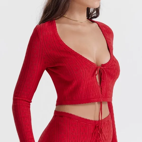 House of CB Perla Cherry Ribbed Knit Tie Front Pointelle Cardigan Red Rose 🤍