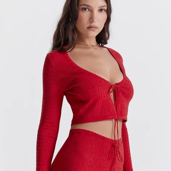 House of CB Perla Cherry Ribbed Knit Tie Front Pointelle Cardigan Red Rose 🤍