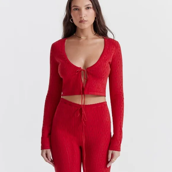 House of CB Perla Cherry Ribbed Knit Tie Front Pointelle Cardigan Red Rose 🤍