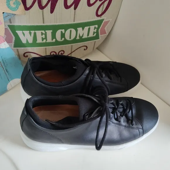 Hubbard “Flight” Black Leather Low Top Dress Sneakers/Inner Sock, 🖤/🤍, 8.5