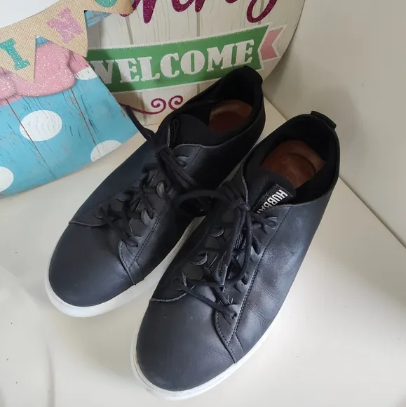Hubbard “Flight” Black Leather Low Top Dress Sneakers/Inner Sock, 🖤/🤍, 8.5