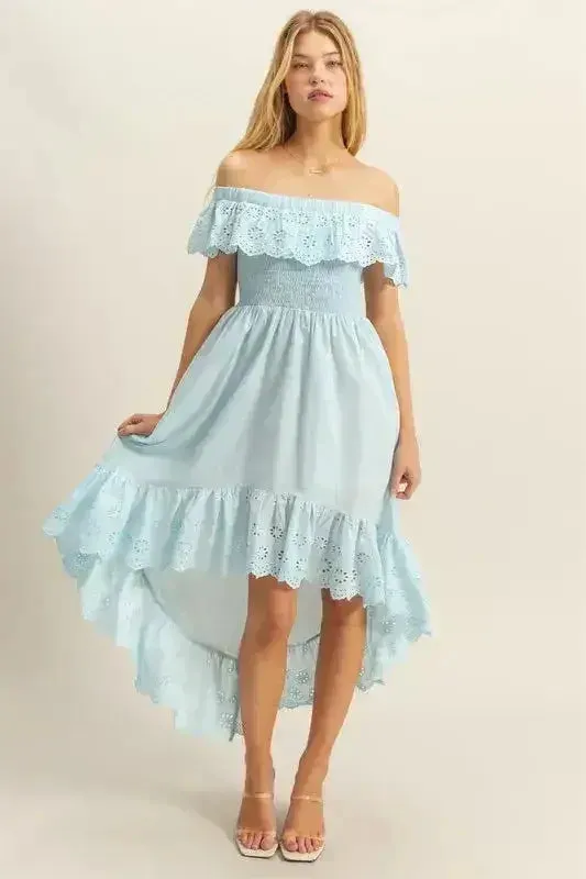 HYFVE Eyelet Off-Shoulder Dress – High-Low Ruffled Hem