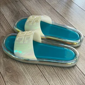 Iridescent Slide Sandals with Blue Footbed