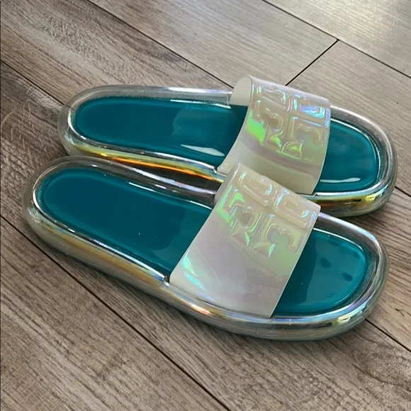 Iridescent Slide Sandals with Blue Footbed