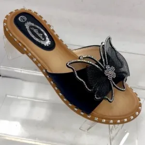 Italina Black Single Strap Silver Rhinestone Butterfly Studded Flatform Sandal