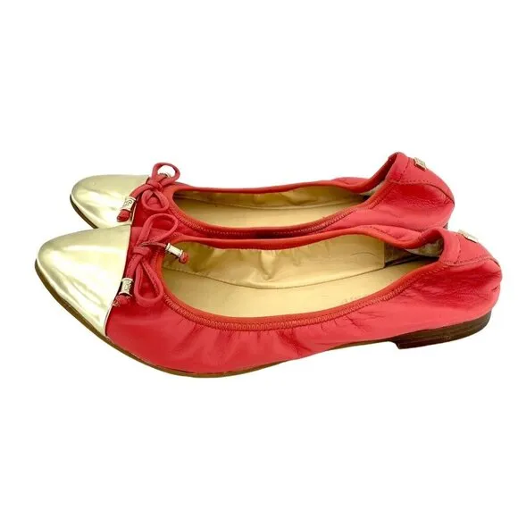 Ivanka Trump Orange Leather Pointed Toe Gold Cap Toe Ballet Flats SZ 7.5
