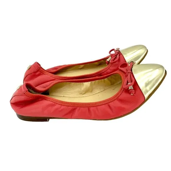 Ivanka Trump Orange Leather Pointed Toe Gold Cap Toe Ballet Flats SZ 7.5