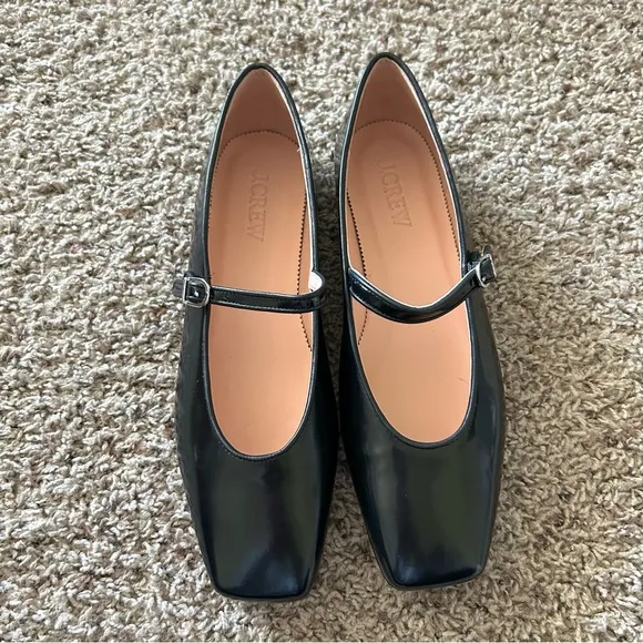 J. Crew Anya Mary Jane Square Toe Flats Leather in Black Size 10