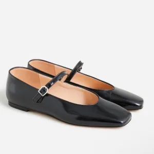 J. Crew Anya Mary Jane Square Toe Flats Leather in Black Size 10