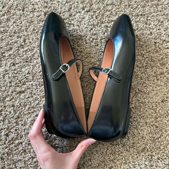 J. Crew Anya Mary Jane Square Toe Flats Leather in Black Size 10