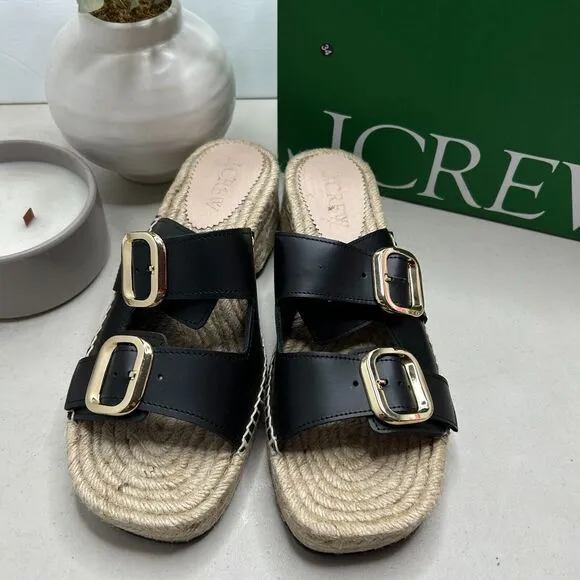 J. Crew Block-Heel Espadrille Sandals Leather Raffia Slip-on Black Women's 9 NWB