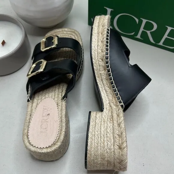 J. Crew Block-Heel Espadrille Sandals Leather Raffia Slip-on Black Women's 9 NWB