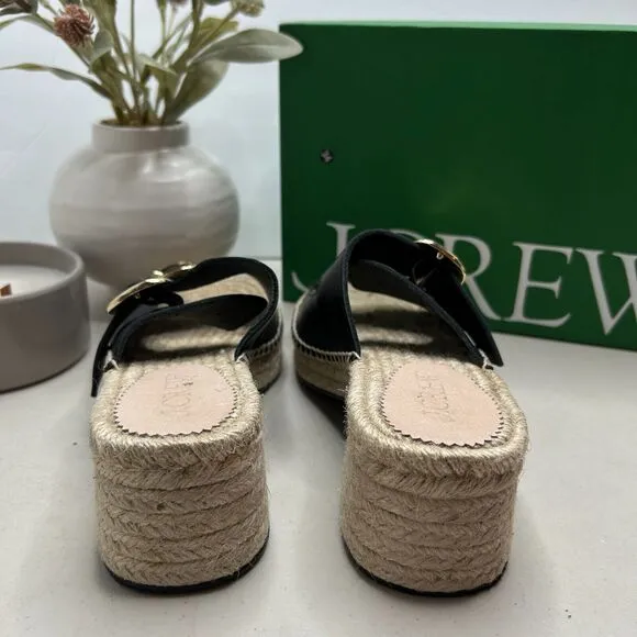 J. Crew Block-Heel Espadrille Sandals Leather Raffia Slip-on Black Women's 9 NWB
