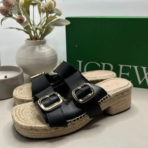 J. Crew Block-Heel Espadrille Sandals Leather Raffia Slip-on Black Women's 9 NWB