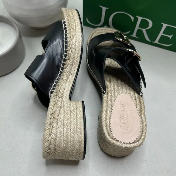 J. Crew Block-Heel Espadrille Sandals Leather Raffia Slip-on Black Women's 9 NWB