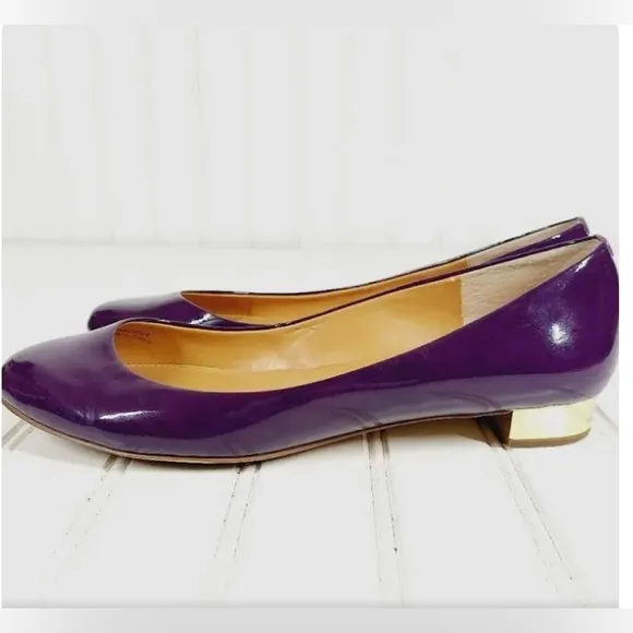 J Crew Harper Patent Leather Flats in Aubergine purple Gold Heel Sz 7