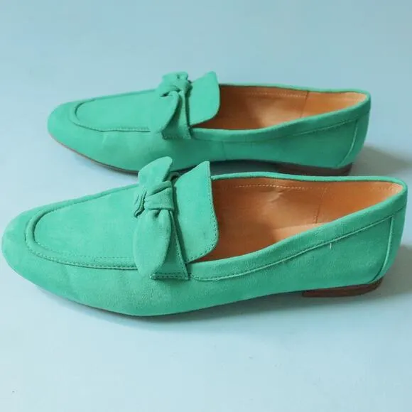 J Crew Kelly Green Faux Sueded Bow Almond Toe Loafer Flats Size 10.5