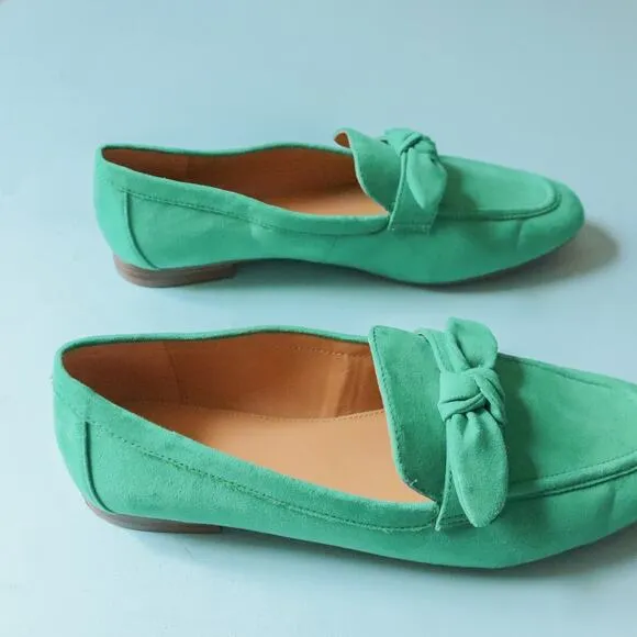 J Crew Kelly Green Faux Sueded Bow Almond Toe Loafer Flats Size 10.5