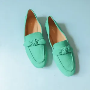 J Crew Kelly Green Faux Sueded Bow Almond Toe Loafer Flats Size 10.5