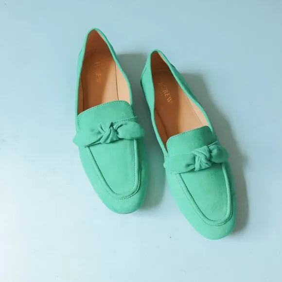 J Crew Kelly Green Faux Sueded Bow Almond Toe Loafer Flats Size 10.5