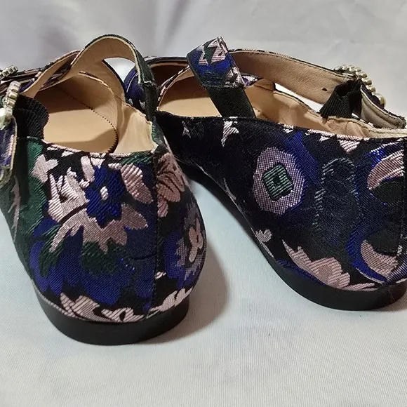 J. Crew Metallic Crystal Pointed Toe Mary Jane Flats Double Strap Leather, sz 9