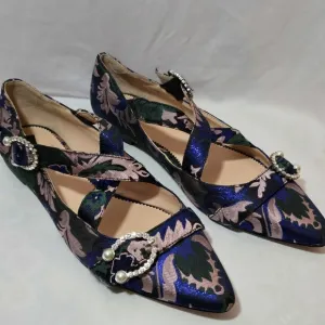 J. Crew Metallic Crystal Pointed Toe Mary Jane Flats Double Strap Leather, sz 9