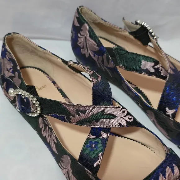 J. Crew Metallic Crystal Pointed Toe Mary Jane Flats Double Strap Leather, sz 9