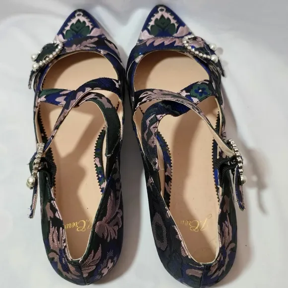 J. Crew Metallic Crystal Pointed Toe Mary Jane Flats Double Strap Leather, sz 9