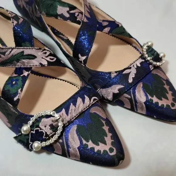 J. Crew Metallic Crystal Pointed Toe Mary Jane Flats Double Strap Leather, sz 9
