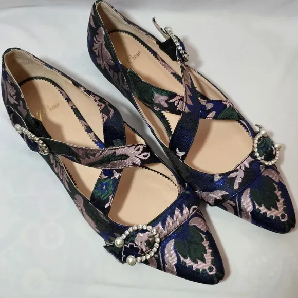J. Crew Metallic Crystal Pointed Toe Mary Jane Flats Double Strap Leather, sz 9