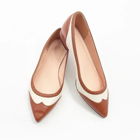 J. Crew Pointed Toe Leather Spectator Flats Size 7.5 brown and Cream