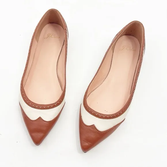 J. Crew Pointed Toe Leather Spectator Flats Size 7.5 brown and Cream