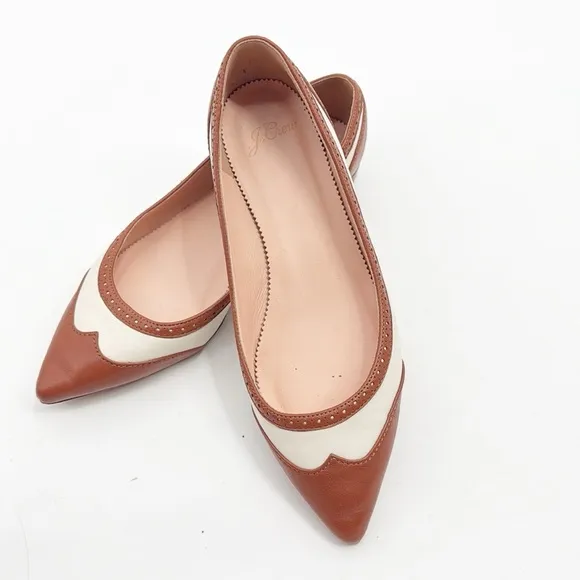 J. Crew Pointed Toe Leather Spectator Flats Size 7.5 brown and Cream