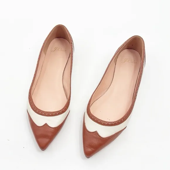 J. Crew Pointed Toe Leather Spectator Flats Size 7.5 brown and Cream