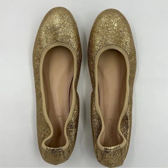J. Crew RARE EUC Lea Ballet Flats in Gold Metallic Leather Crinkle G0972 Sz 10