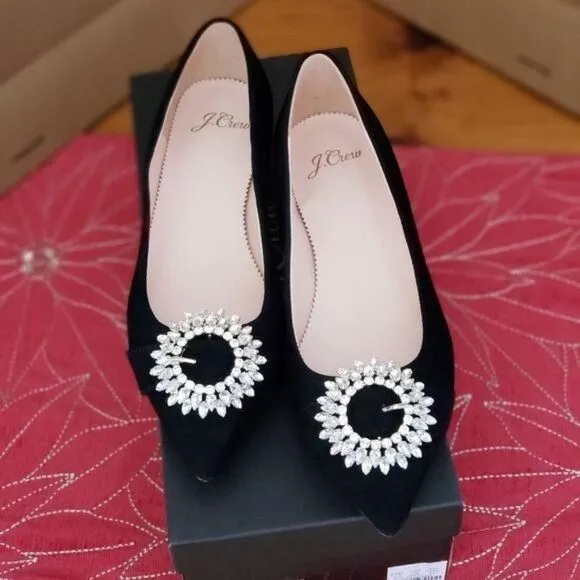 J. Crew Suede Jeweled Embellished Buckle Flats Black Size 6 Pointy Toe