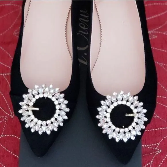 J. Crew Suede Jeweled Embellished Buckle Flats Black Size 6 Pointy Toe