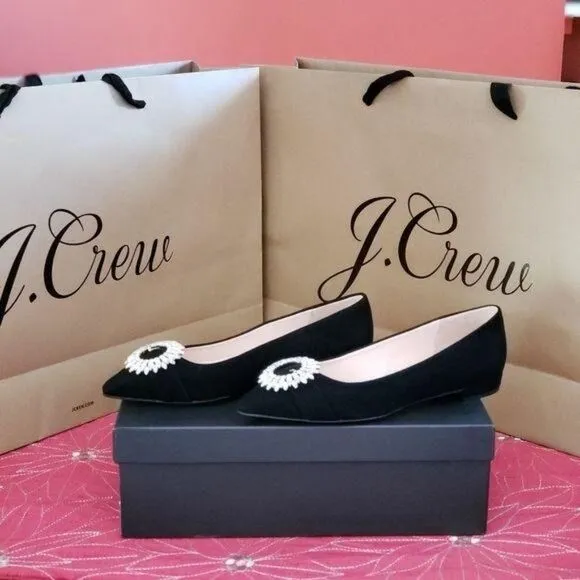 J. Crew Suede Jeweled Embellished Buckle Flats Black Size 6 Pointy Toe