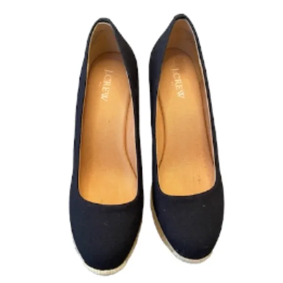 J Crew Women's 7.5 Navy Blue Canvas Espadrilles Wedge Heels Shoes Slip On