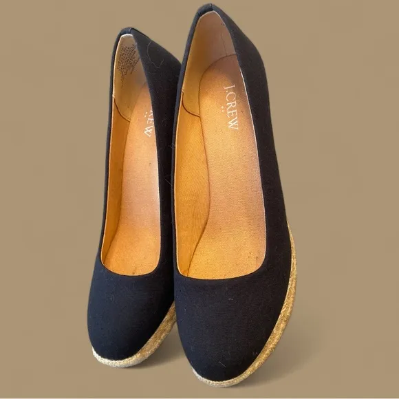 J Crew Women's 7.5 Navy Blue Canvas Espadrilles Wedge Heels Shoes Slip On