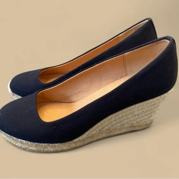 J Crew Women's 7.5 Navy Blue Canvas Espadrilles Wedge Heels Shoes Slip On