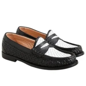 J Crew Shoes 9.5 Black Winona Penny Loafers Woven Italian Leather White Preppy